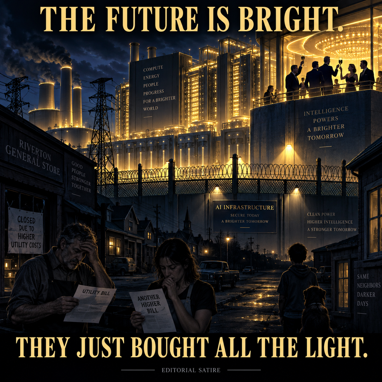 The future is bright. They just bought all the light. A glowing AI complex towers over darkened shops and families facing higher bills.