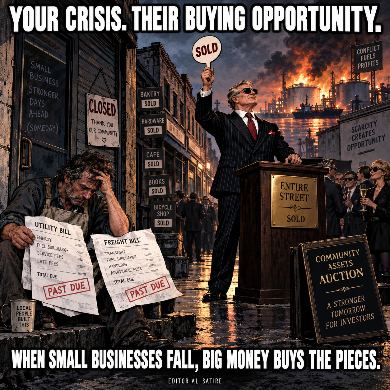 Your crisis. Their buying opportunity. A fictional investor buys shuttered shops while a small business owner struggles with bills.