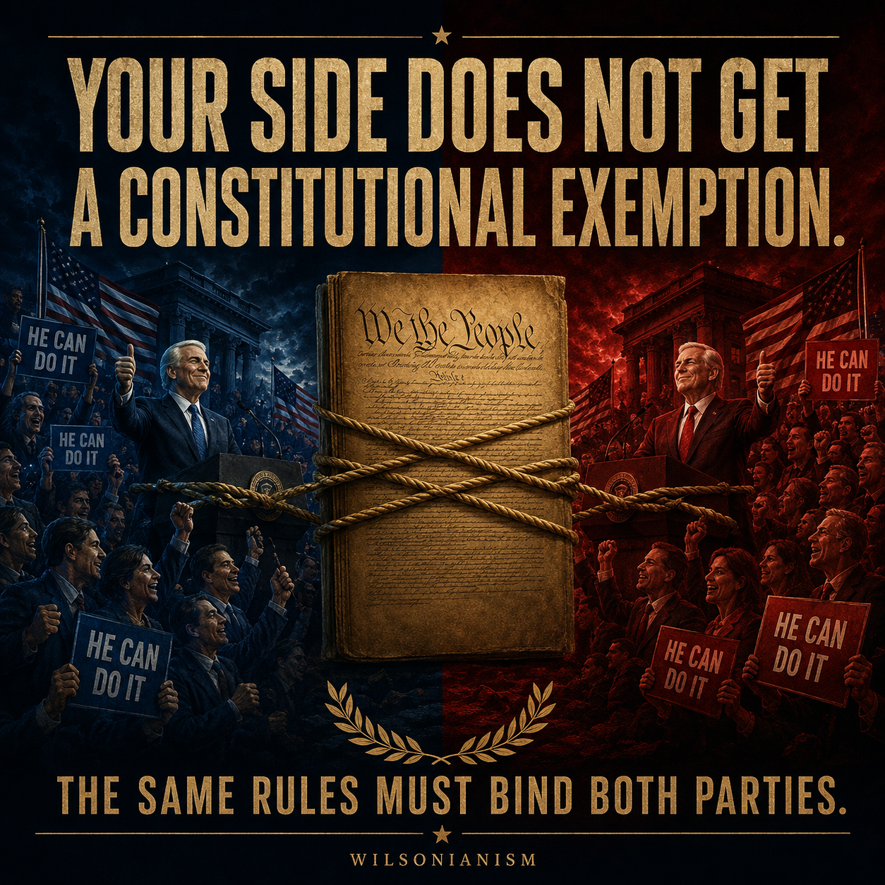 Split editorial graphic showing blue and red partisan crowds restrained by the same Constitution