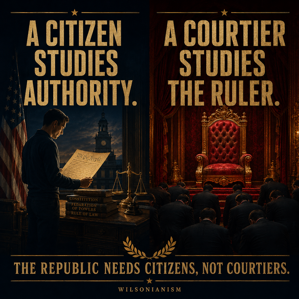 Split editorial graphic contrasting a citizen studying constitutional authority with courtiers bowing before a throne