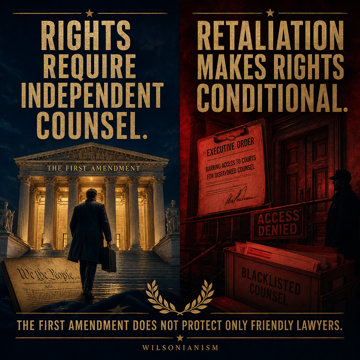 Split editorial graphic contrasting an independent lawyer approaching a courthouse with retaliatory exclusion