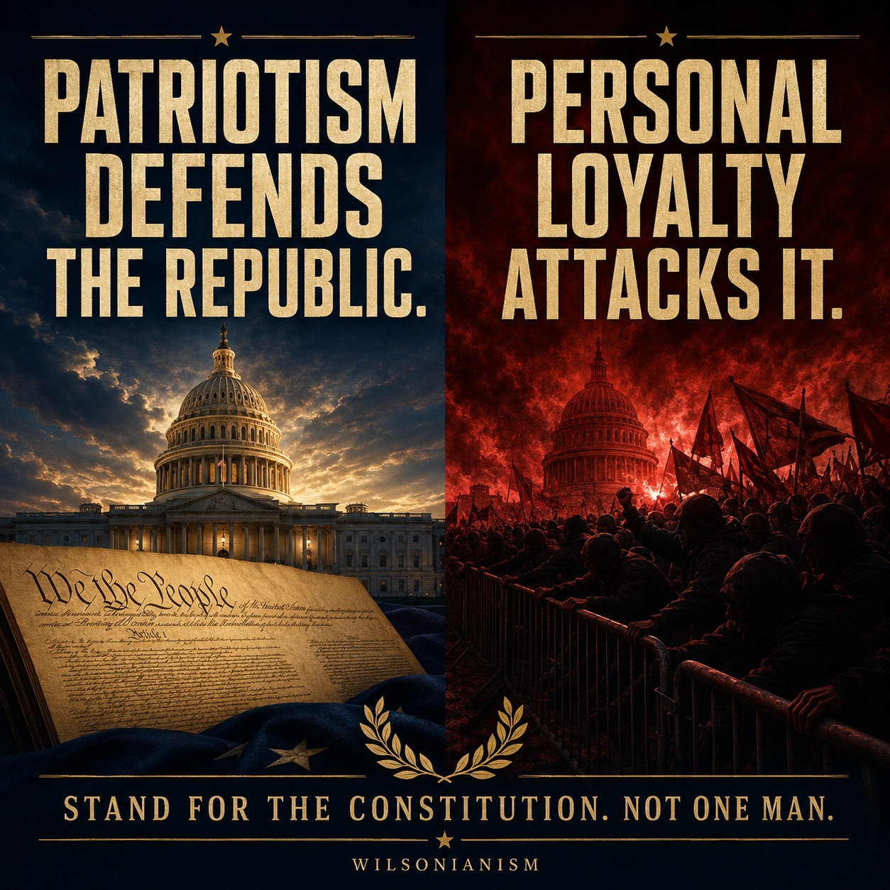 Split editorial graphic contrasting defense of the constitutional republic with personal loyalty attacking the Capitol