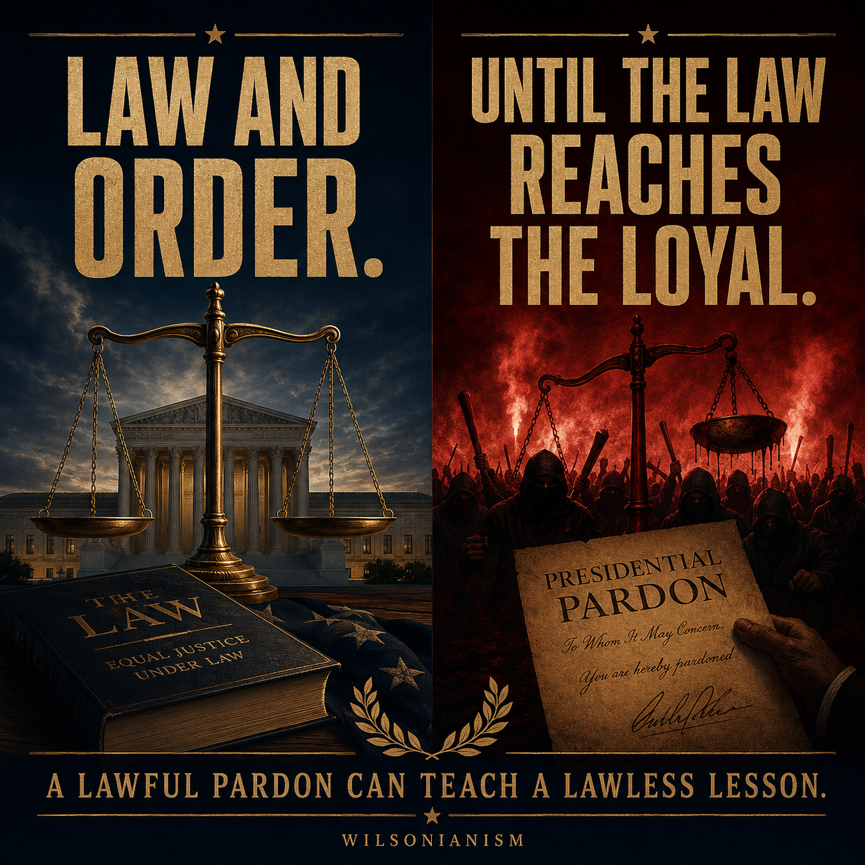 Split editorial graphic contrasting equal justice under law with a pardon shielding loyalist violence