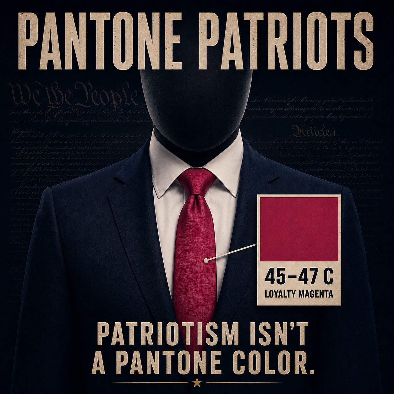 Pantone Patriots satire showing a faceless official in a crimson tie labeled 45–47 C, Loyalty Magenta
