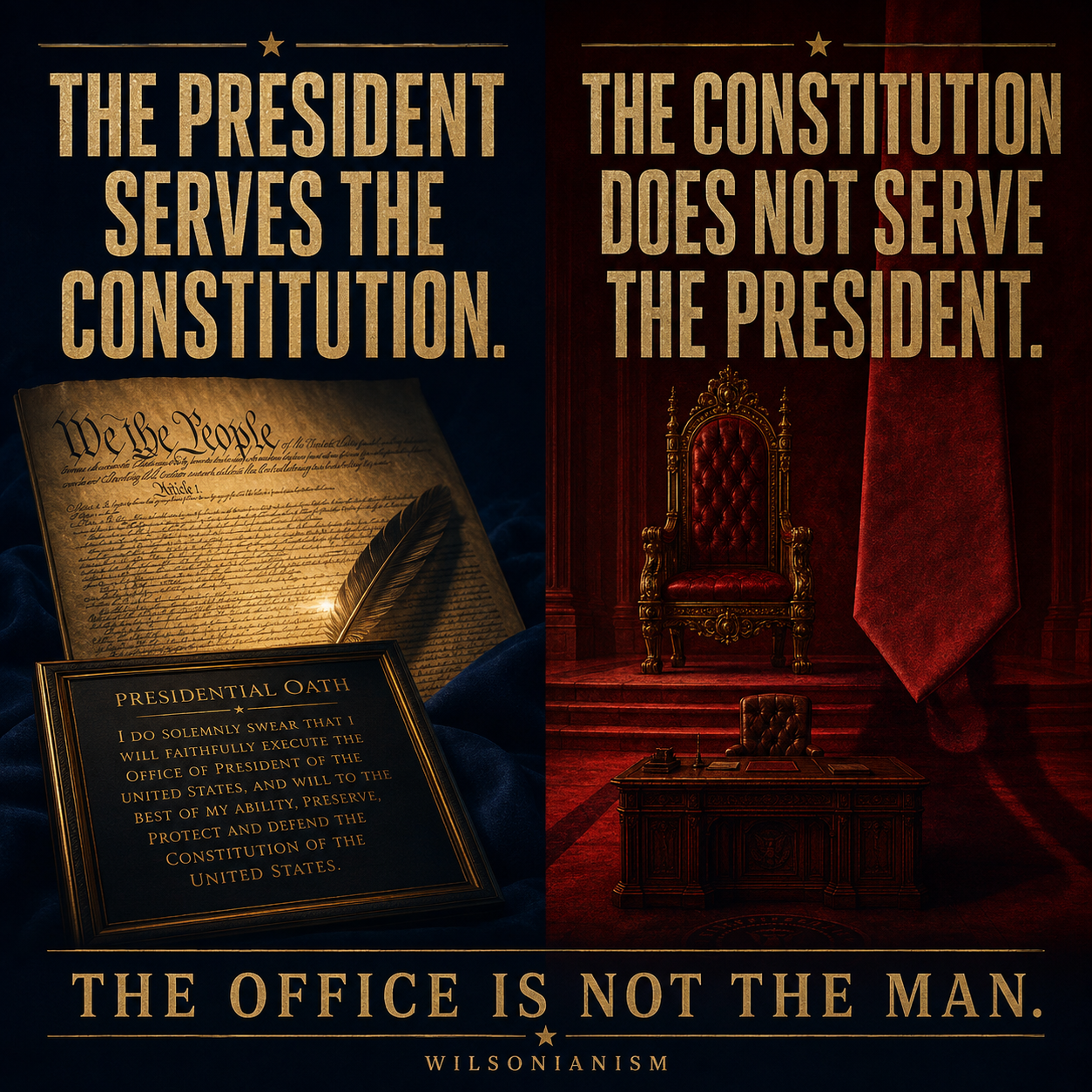 Split editorial graphic contrasting the presidential oath with a crimson throne and oversized tie