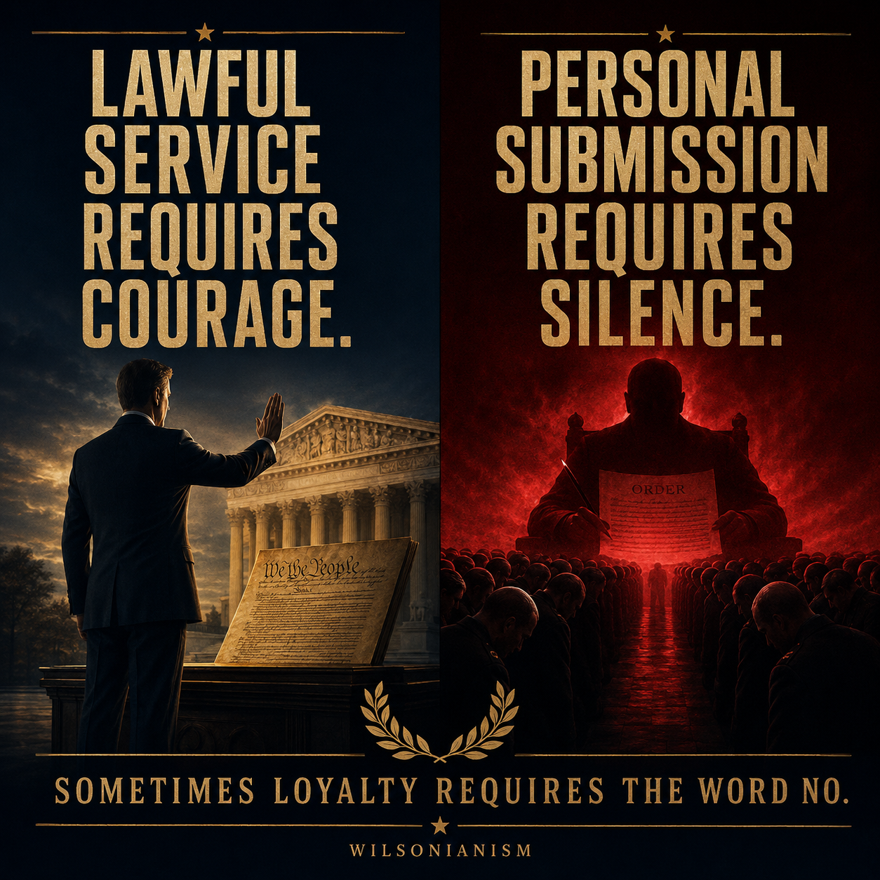 Split editorial graphic contrasting a constitutional officer refusing an improper order with silent personal submission
