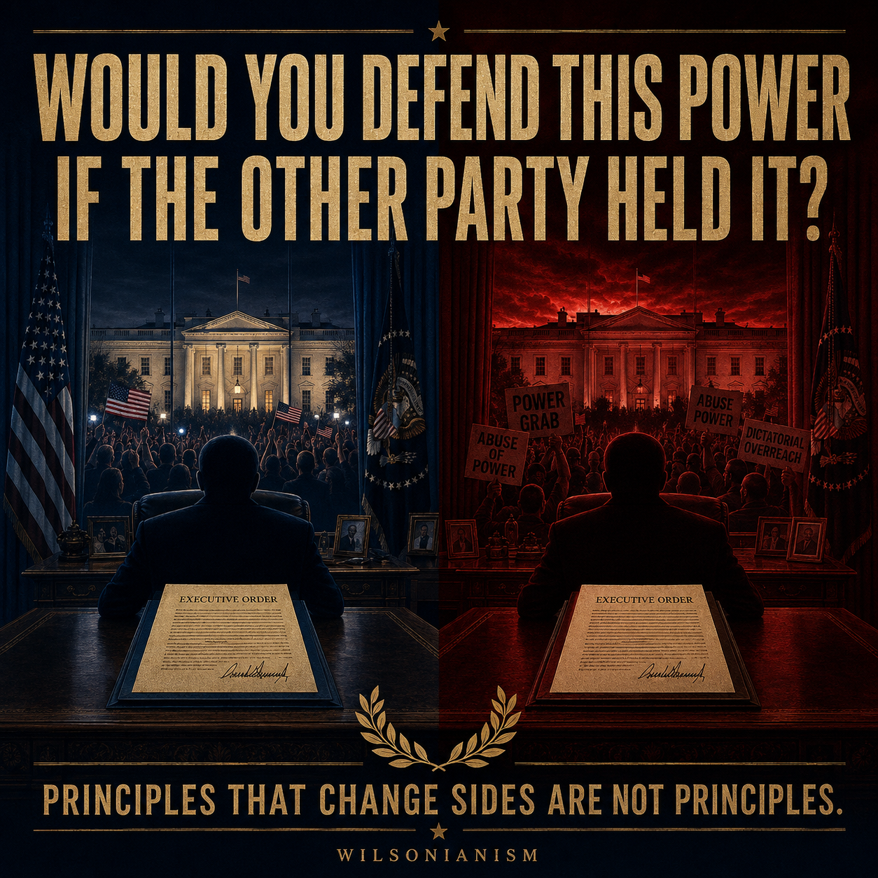 Mirrored editorial graphic showing identical executive power judged differently according to party