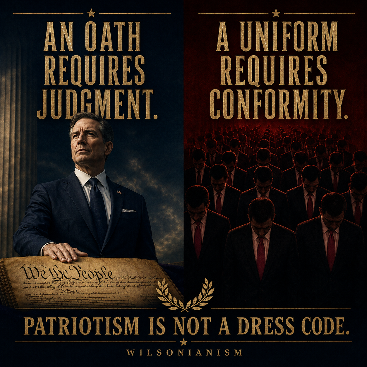 Split editorial graphic contrasting an independent official taking an oath with rows of conforming officials in matching crimson ties