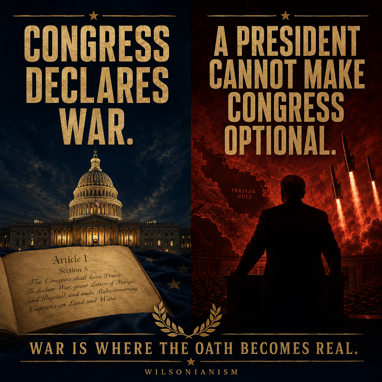 Split editorial graphic contrasting Congress and Article I with missiles launched under unilateral presidential authority