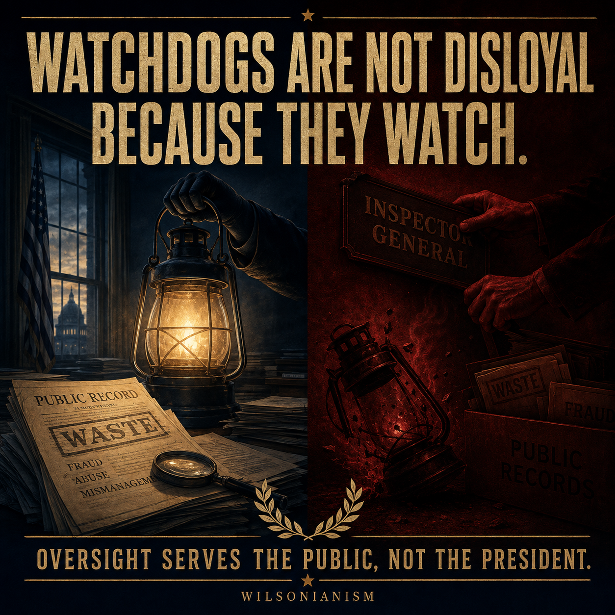 Split editorial graphic contrasting an inspector general illuminating public records with the removal of oversight