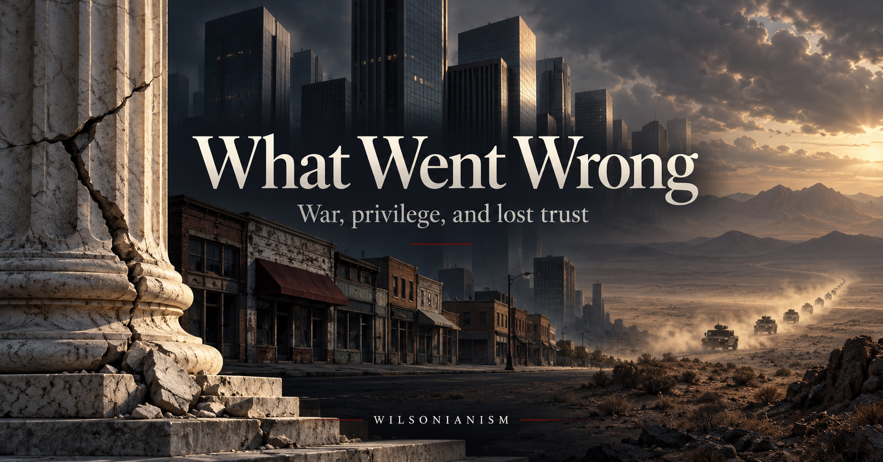 Editorial illustration of a cracked civic column, small storefronts overshadowed by corporate towers, and a distant military convoy.