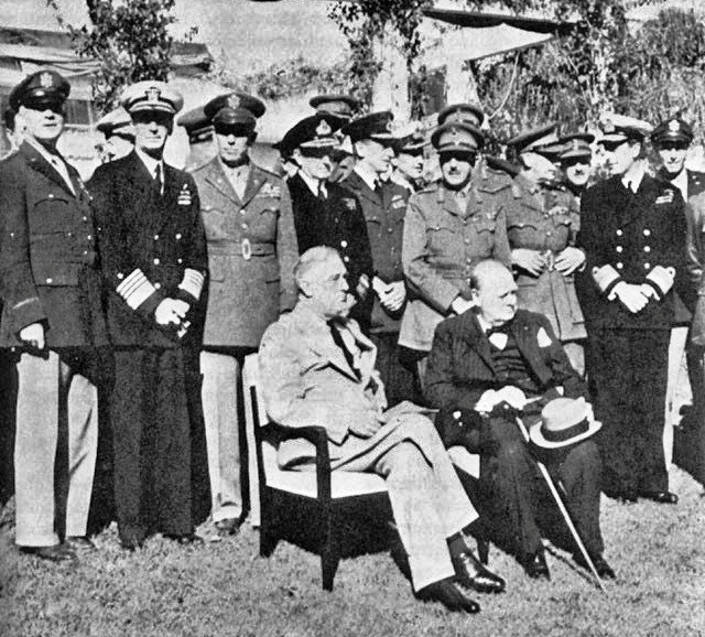 Allied leaders Franklin Roosevelt and Winston Churchill at the Casablanca Conference in 1943